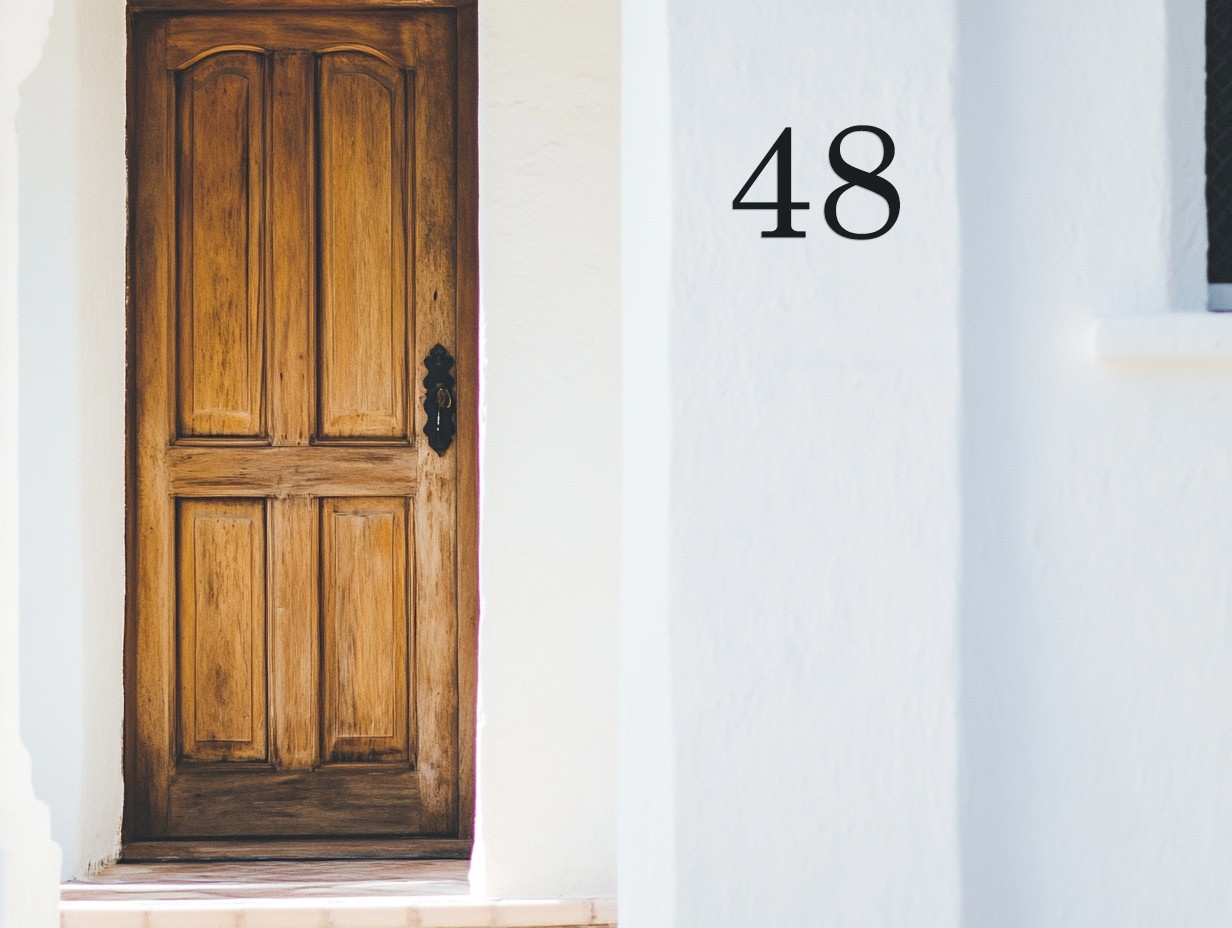 Beau numéro 48 de rue en métal de style fin classique sur un muret devant la porte entrée de maison