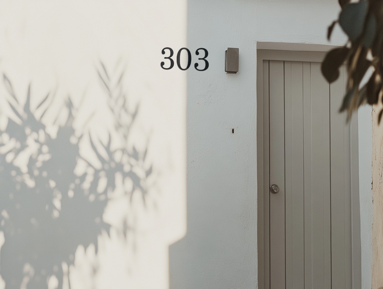 Mur de maison avec un numéro 303 fin et classique, en métal, produit en France et qualité premium, placé en haut à côté de la porte en taille moyenne
