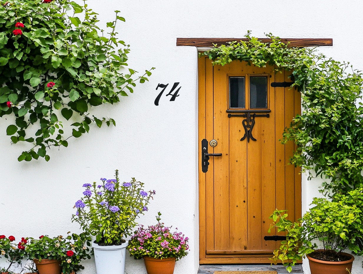 Porte d'entrée avec numéro de maison stylisé 74 en métal sur le côté en taille moyenne