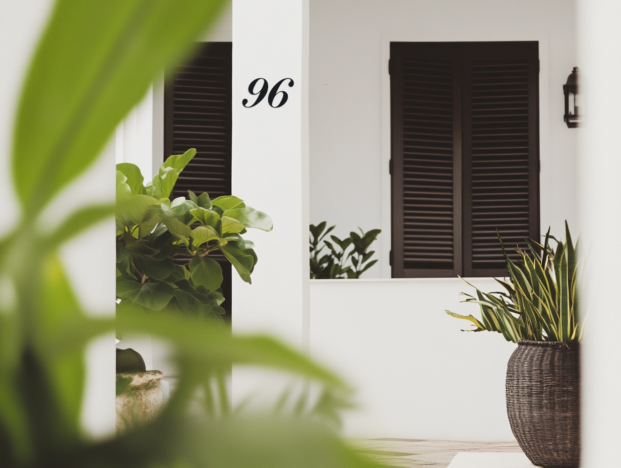 Numéro de propriété sur poteau mural 96 de taille moyenne en métal noir avec un style simple