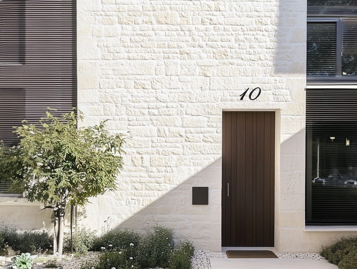 Numéro de porte 10 de taille moyenne en métal au dessus de la porte d entrée avec un style fin
