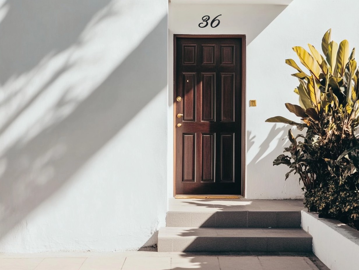 Numéro de porte d'immeuble 36 de taille moyenne en métal au dessus de la porte d entrée avec un style romantique