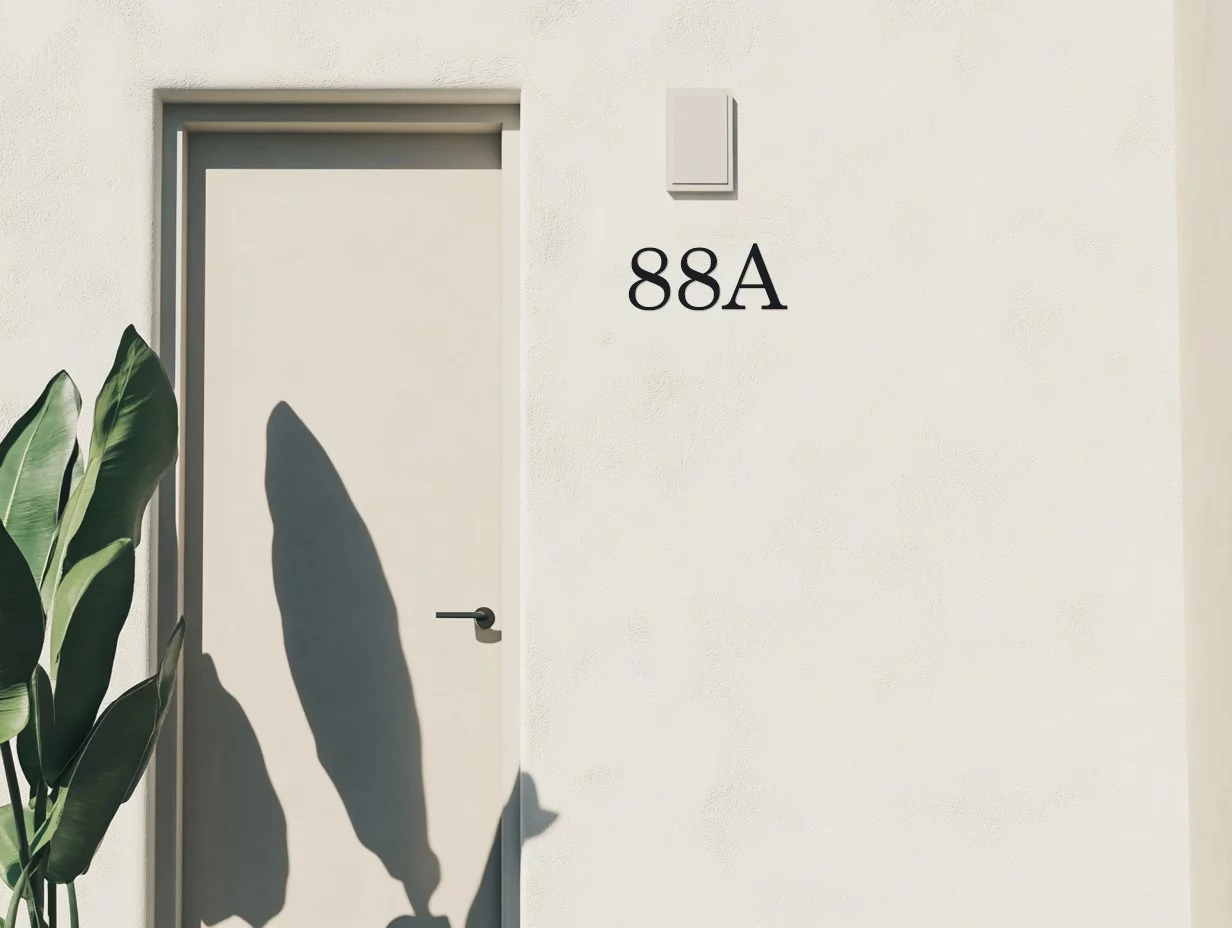 Porte d'entrée avec un numéro de batiment 88A fin et classique, en métal, produit en France et qualité premium, placé sur le côté en taille moyenne